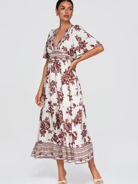 Rochie maxi Ombre cu model floral alb