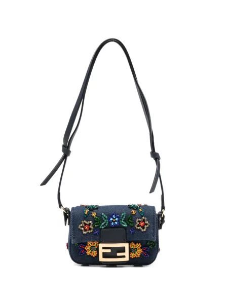 Geantă tip baghetă Fendi Baguette cu broderie cu model floral albastru