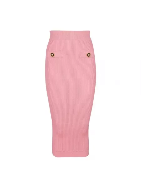 Dzianinowa spódnica midi Balmain do kolan prążkowana różowa
