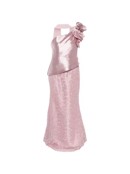 Rochie maxi The Couture Club cu model floral cu un umăr gol de costum roz