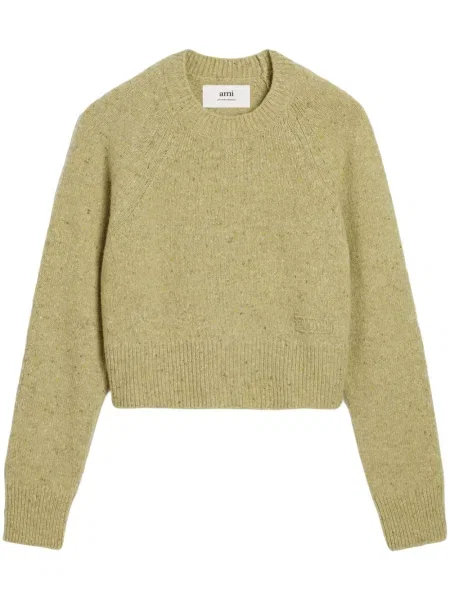 Pulover Ami Paris cu broderie cu decolteu rotund verde