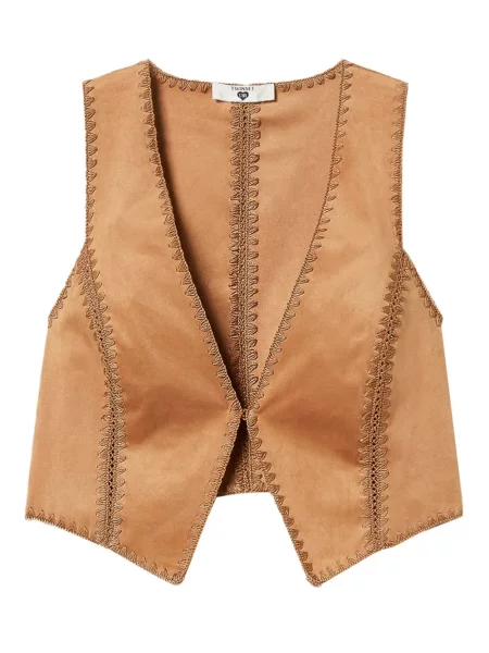 Vestă Twinset cu broderie din piele de căprioară maro