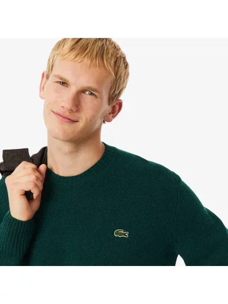 Lacoste Wełniany Sweter Z Okrągłym Kolnierzykiem zielony