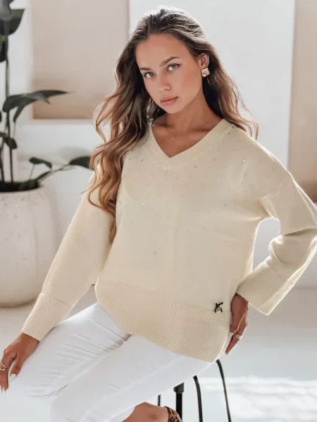 Sweter z dekoltem V VERALIA ecru Dstreet