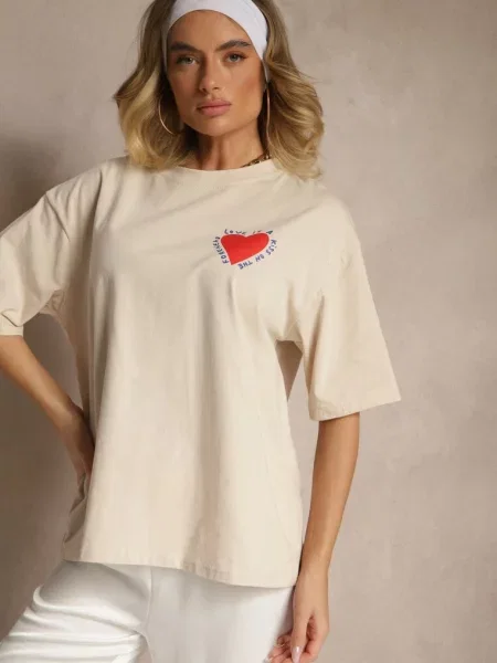 T-shirt z Bawełny Ozdobiony Sercem Ranira beżowy