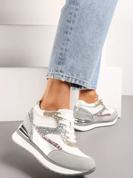 Szaro-Różowe Brokatowe Sneakersy na Ukrytym Koturnie Zophiela szare