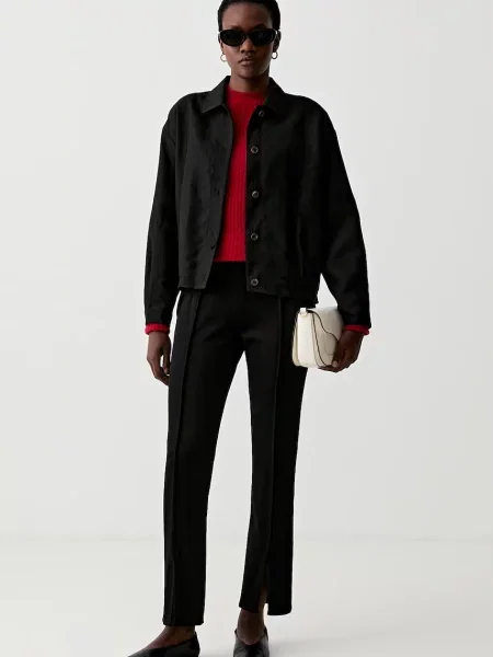 Tommy Hilfiger košeľová bunda dámska s prímesou ľanu čierna