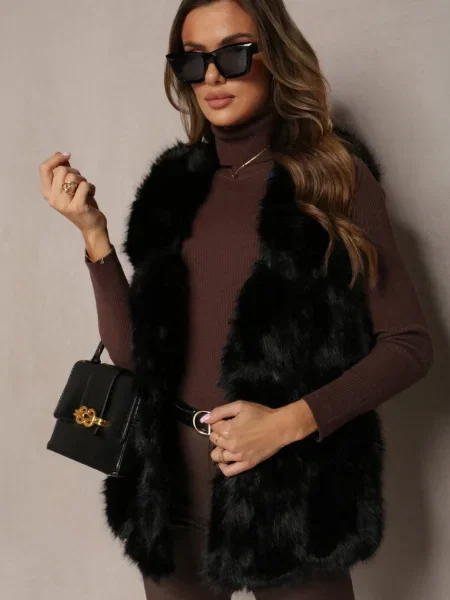 Vestă din Blană cu Inserții din Piele Ecologică Lewja neagră