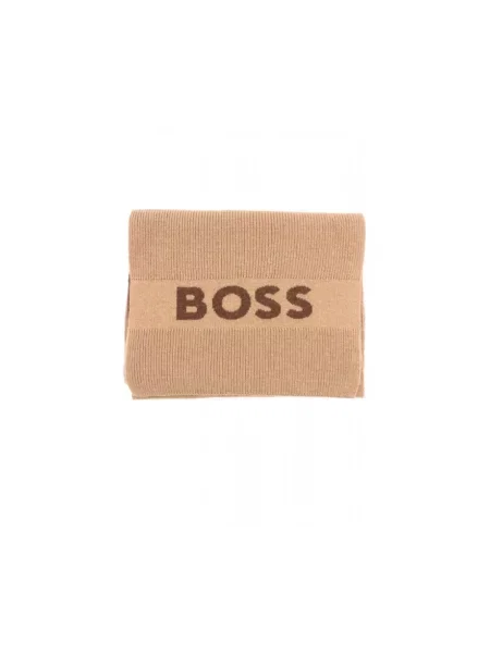 BOSS szalik z domieszką wełny beżowy z aplikacją brązowa