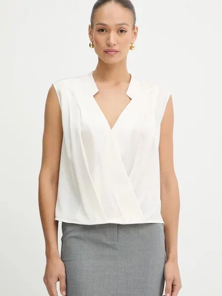 BOSS bluză de mătase uni bej