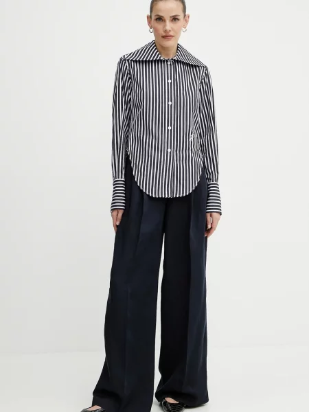 BOSS spodnie z domieszką lnu proste high waist granatowy