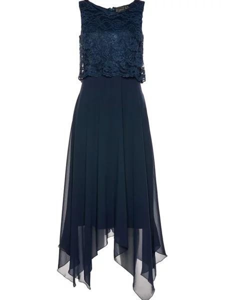 Sukienka szyfonowa midi z koronką niebieska