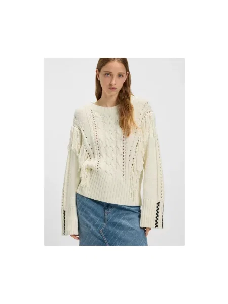 Sweter Boss Orange z frędzli biały
