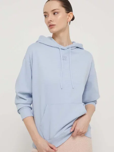 Bombažen pulover HUGO s kapuco modra