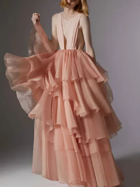 Rochie maxi Temily cu volane roz