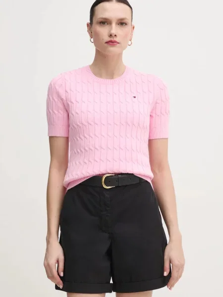 Tommy Hilfiger pulover s kratkimi rokavi bombažen roza