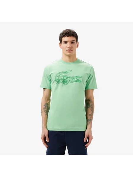 Lacoste T-Shirt Z Okrągłym Dekoltem Z Nadrukiem Regular Fit Jasnozielony zielony