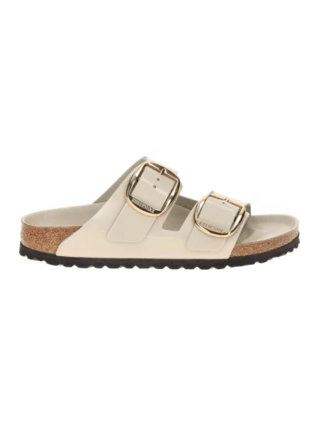 Birkenstock šľapky na plochom dámske kožené Arizona Big Buckle béžová