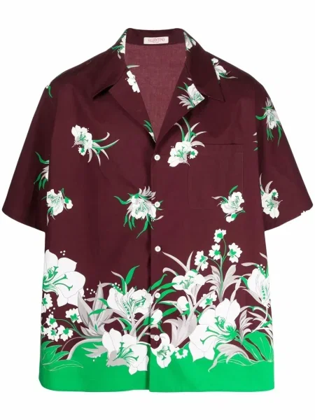 Kratak košulja Valentino Garavani s cvjetnim printom s printom crvena
