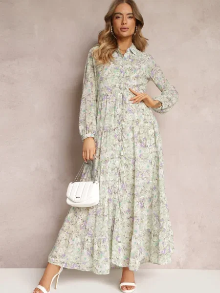 Rochie Mint Cămașă Maxi Flori Volan Jos Nilmisse verde