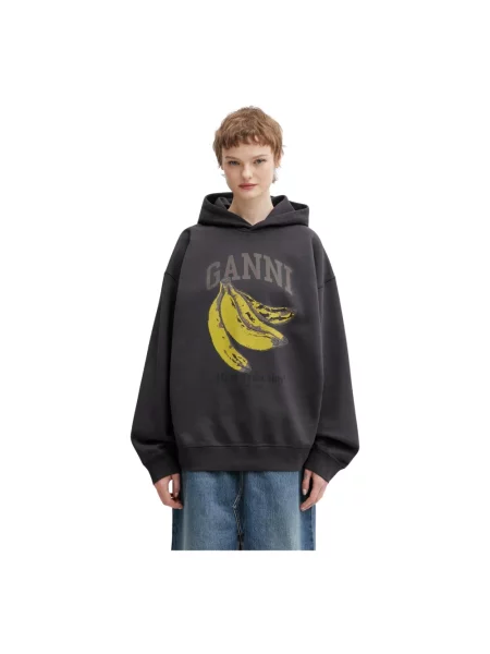 Bluza z kapturem Ganni z kapturem z nadrukiem szara
