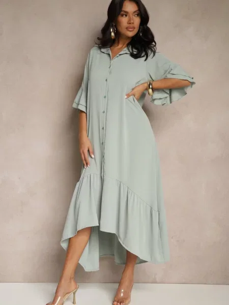 Jasnozielona Koszulowa Sukienka Ozdobiona Falbanką Ransara zielona