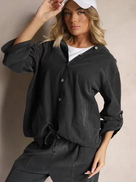 Ciemnoszara Koszula z Bawełny z Regulowanymi Rękawami i Kapturem Terresia szara