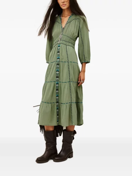 Rochie midi Ba&sh cu broderie evazată verde