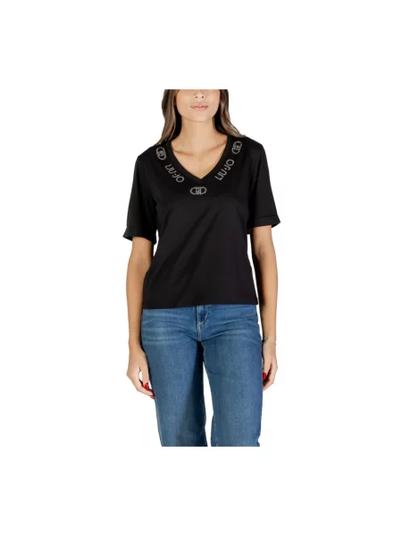 Koszulka Liu Jo z dekoltem w serek z kamieniami czarna