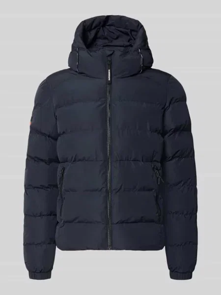 Kurtka pikowana z wyhaftowanym logo i kapturem Superdry granatowa