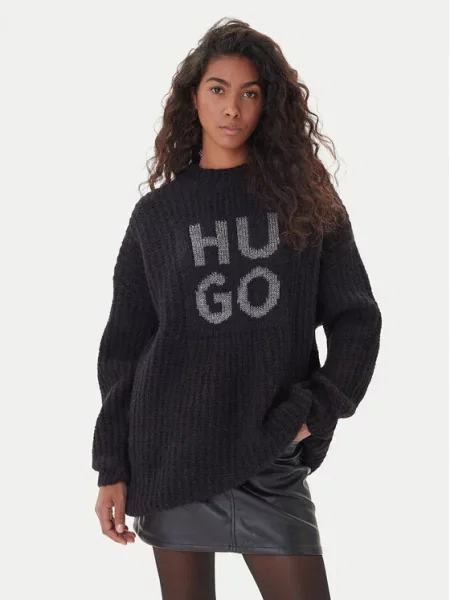 HUGO Pletena obleka Sloguis Oversize črna