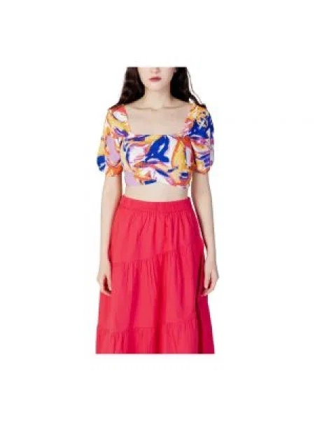 Krótka wielobarwność lniana bluzka Only niebieska