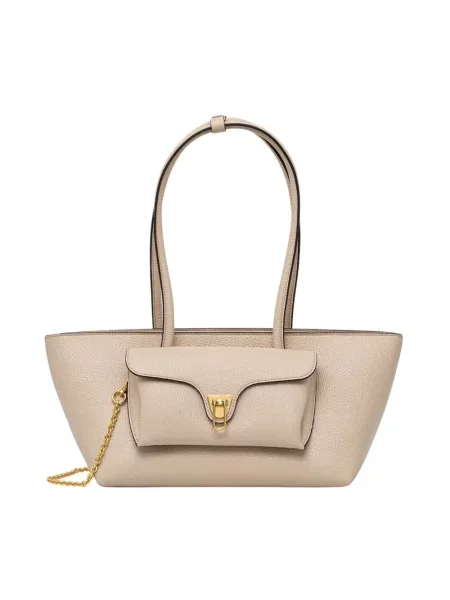 Coccinelle torebka shopper skórzana DOUBLE BEAT beżowa