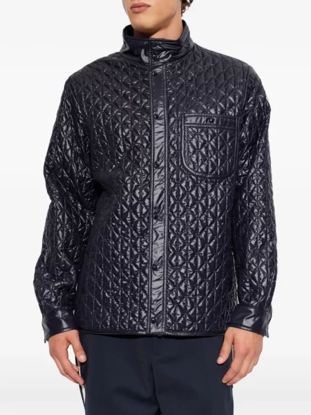 Matlasat geacă Moncler cu imprimeu geometric albastru