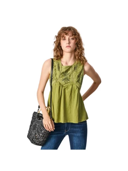 Lniany top Pepe Jeans zielony