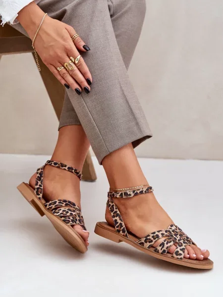 Kožené leopardí sandály Boto na plochém podpatku hnědé