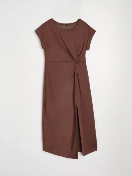 Сукня міді з декоративними зборками зі змішаної темно коричневий
