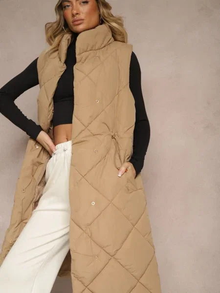 Ciemnobeżowa Długa Kamizelka z Pikowanymi Przeszyciami ze Stójką i Avalithe beżowa