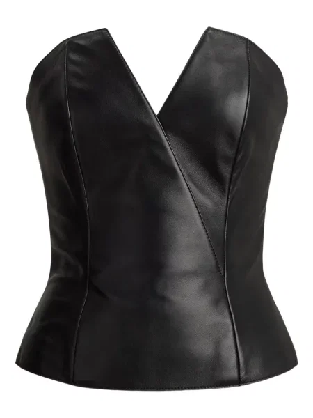 Top Ralph Lauren Collection din piele cu decolteu în V negru