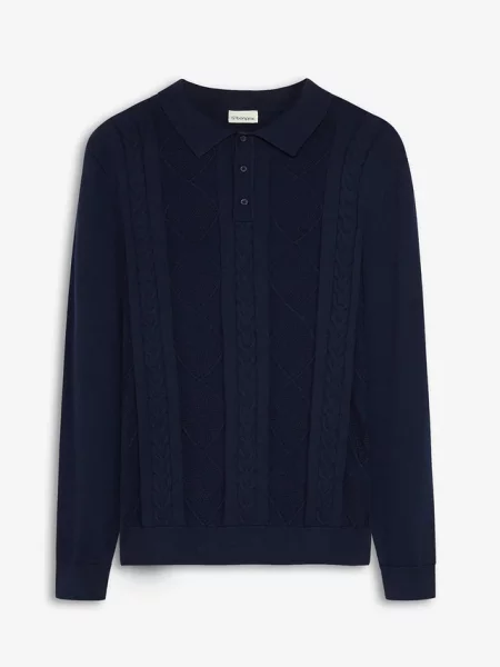 Sweter polo o warkoczowym splocie z czystej bawełny niebieska