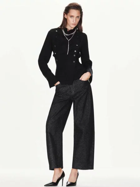 Jeansy balloon z połyskującym wykończeniem black denim Kobieta 34 MANGO czarne