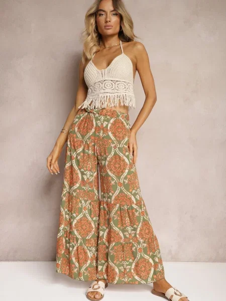 Zielono-Pomarańczowe Spodnie z z Szerokimi Nogawkami High Waist Wykończone Gumką w Talii Risettasmi zielone
