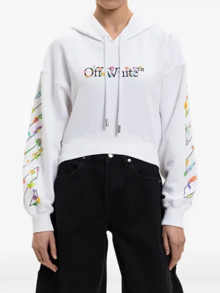 Gėlėtas raštuotas megztinis Off-white su gobtuvu balta