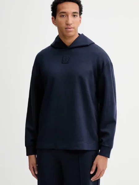Mikina s příměsí vlny Calvin Klein tmavomodrá s kapucí