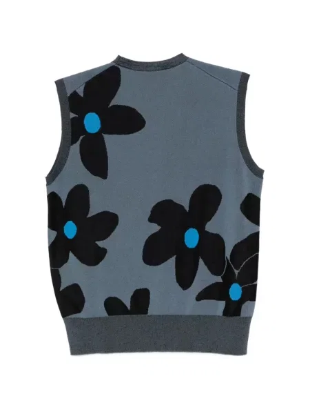 Cardigan Less cu model floral cu decolteu în V albastru
