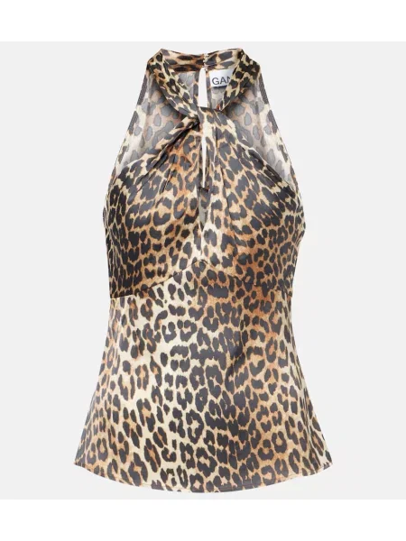 Top Ganni din satin cu imagine cu model leopard maro