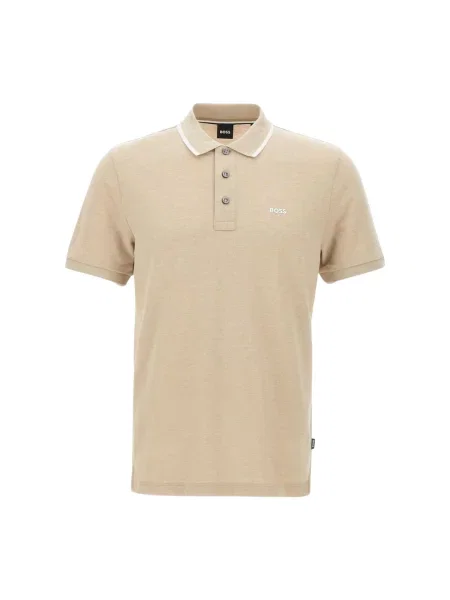 Koszulka polo Boss w paski z paskiem ze stójką beżowa
