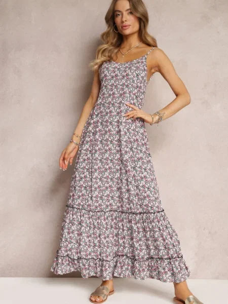 Rochie Maxi Verde-Albă cu Bretele de Legat și Volan în Partea de Jos Krosby alb