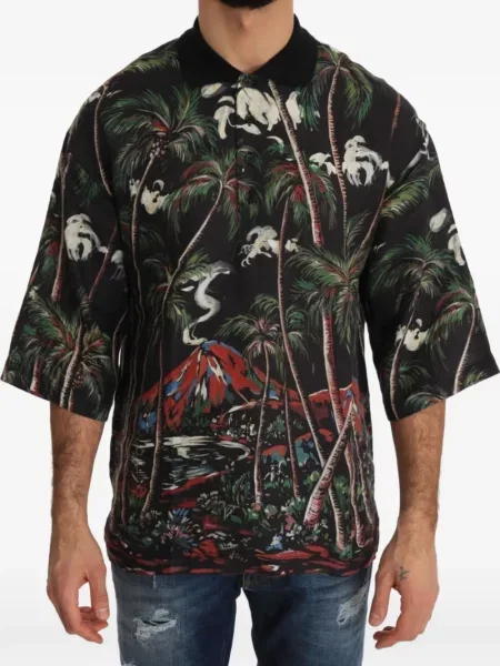Tricou polo Dolce & Gabbana cu imagine cu imprimeu tropical negru