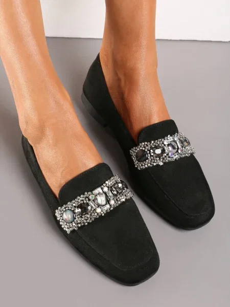 Mocasini cu Pietre și Perle pe Cataramă Sybilla negri